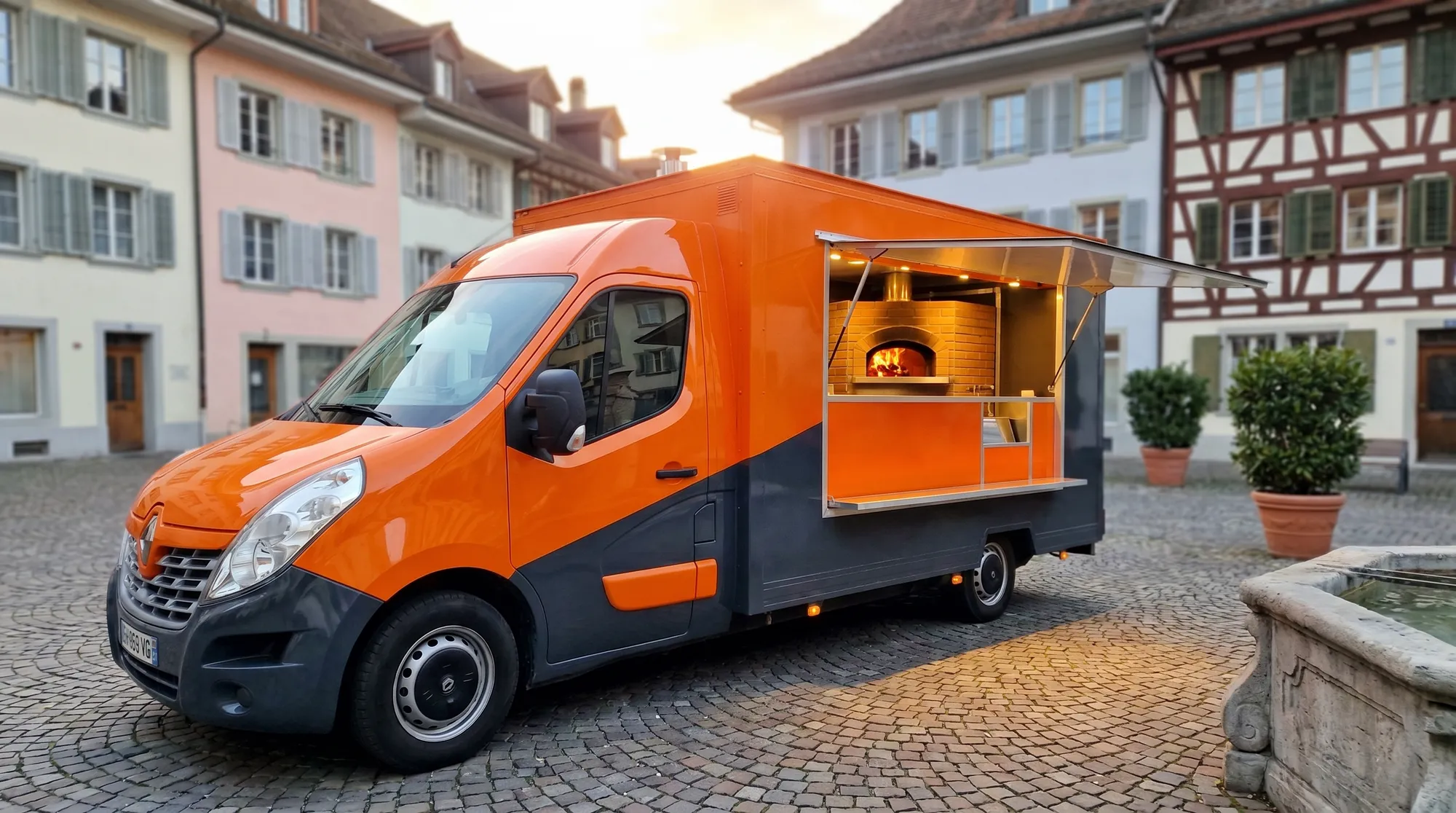 Camion pizza four à bois personnalisé sur une place en Suisse